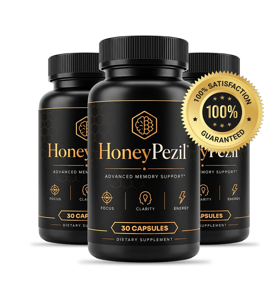 HoneyPezil bottle with usage instructions – take 2 capsules daily with water 20-30 minutes before breakfast for optimal cognitive benefit
