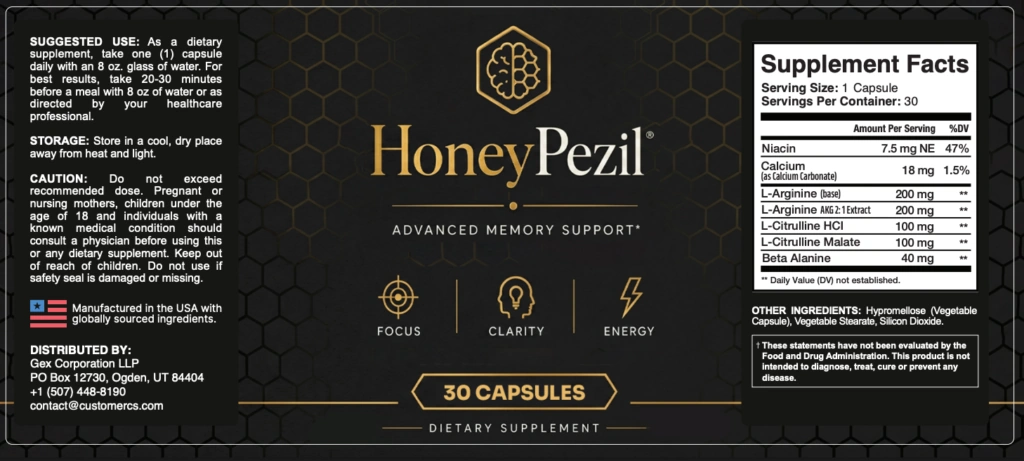 HoneyPezil supplement facts label showing complete ingredient list, dosages per serving, and full nutritional information